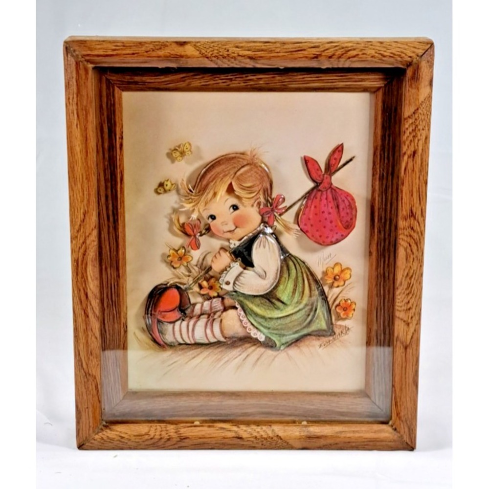 Eva Harta 3D Paper Tole Shadow Box Art Vintage Signed Oak Frame Girl Bindle
